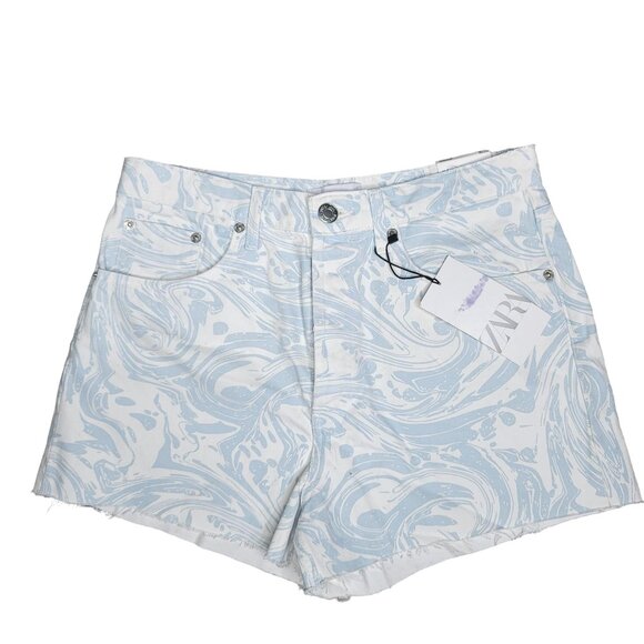 Zara nwt High-Waist Light Blue & White Marble Print Denim Shorts sz 8 button fly - Picture 1 of 5
